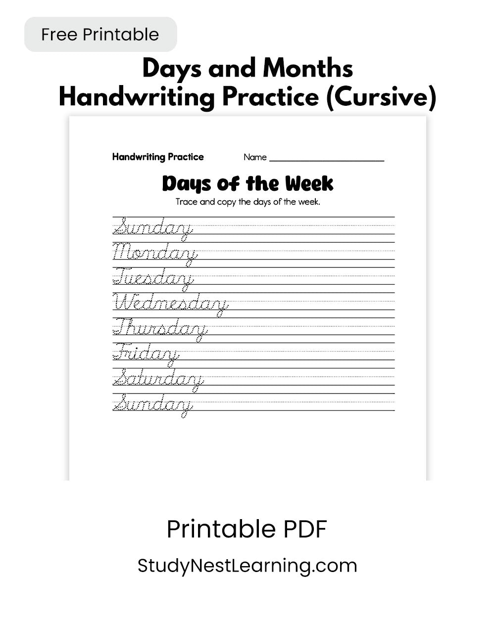 Free Days of the Week and Months of the Year Handwriting Practice (Cursive) – Printable PDF