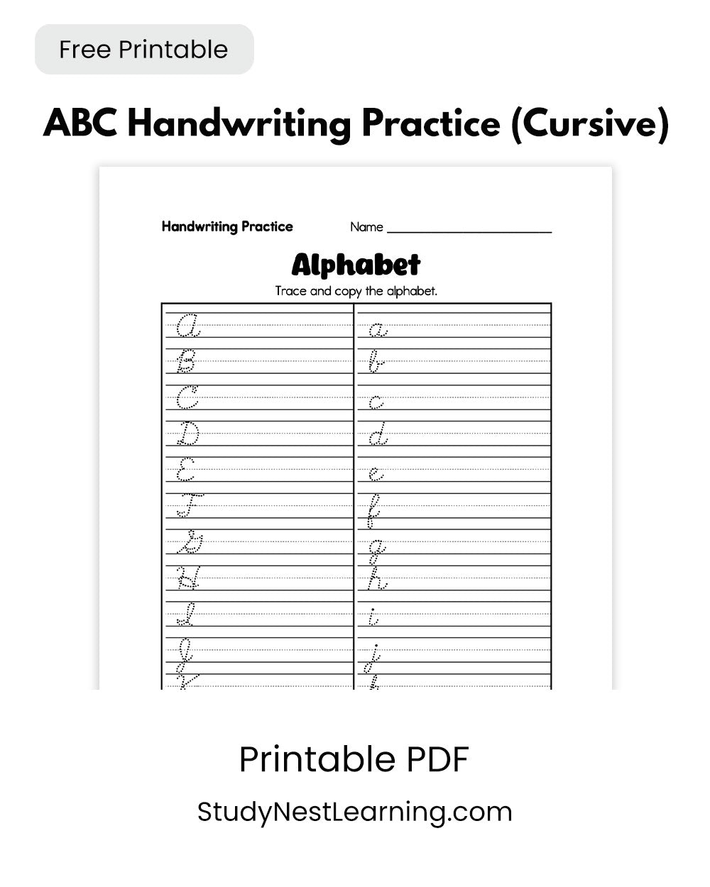 Free Alphabet Handwriting Practice (Cursive) – Printable PDF