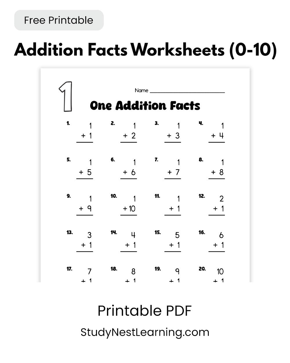 Free Addition Facts Worksheets (0–10) – Printable PDF